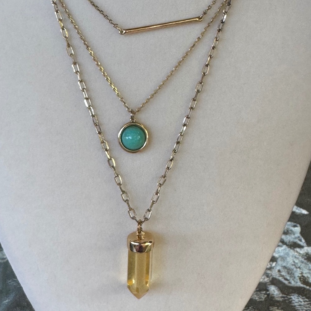 Layered Necklace Set Gold Tone Turquoise & Citrine Style Pendant 24"